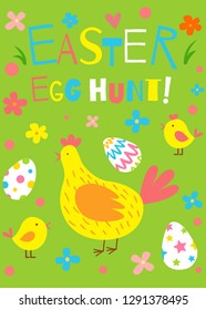 Happy Easter vector poster. Cute funny hand drawn flat cartoon elements. Easter eggs, flowers and  chickens. Isolated on white. Kids illustration. Easter eggs hunt.