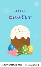 Happy Easter vector poster with decor egg and flower on blue backdrop. Cute april holiday background for banner, poster. Spring Greetings card for event. Special promotion and shopping 