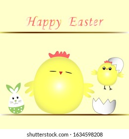 Happy Easter. Vector print. Chick, bunny greeting card, cartoon illustration.  Kids cards for  the congratulation,  banner, poster. 