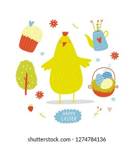 Happy Easter vector print. Cute Easter Hen. Decorative Easter vector illustration with eggs, flowers, birds, pie and  green grass