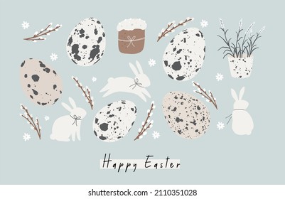 Happy Easter - vector print. Cute spring card with quail eggs, flowers, Willow twigs, bunny, leaf and design elements in flat style