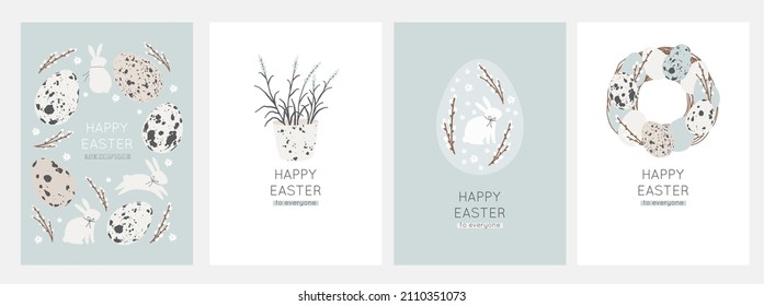 Happy Easter - vector print. Cute spring card with quail eggs, flowers, Willow twigs, bunny, leaf and design elements in flat style