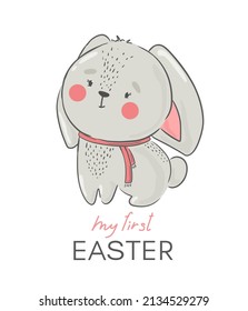 Happy Easter vector print. Cute spring illustration with rabbit. My first Easter.