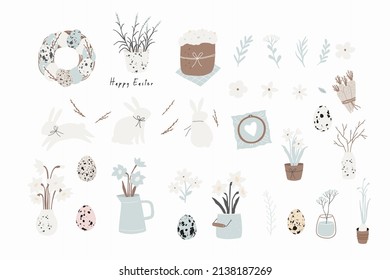 Happy Easter - vector print. Cute spring card with quail eggs, flowers, Willow twigs, bunny, leaf and design elements in flat style	
