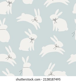 	
Happy Easter - vector print. Cute spring card with  bunny in flat style. Seamless pattern	
