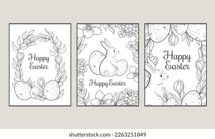 Happy Easter - vector print. Cute spring card with quail eggs, flowers, Willow twigs, bunny, leaf and design elements in flat style