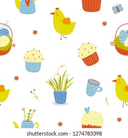 Happy Easter vector print. Decorative Happy Easter vector illustration with eggs, flowers, birds, pie and  green grass. Seamless pattern