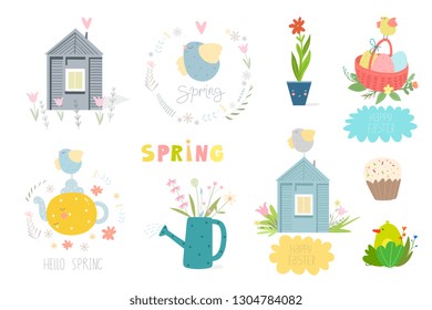 Happy Easter vector print. Decorative Easter vector illustration with egg, flower, bird, house, pie, kittle and watering can