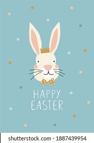 Happy Easter vector print. Spring illustration with cute bunny
