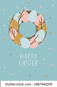 Happy Easter vector print. Spring illustration with cute Easter wreath