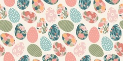 Happy Easter. Vector Seamless Pattern. Easter Eggs With Abstract Flowers. Design Element.