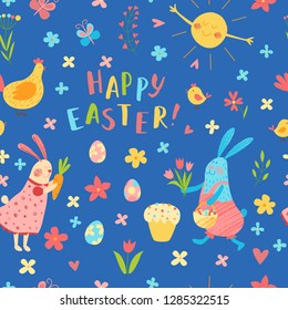 Happy Easter vector seamless pattern. Cute funny animals. Hand drawn flat cartoon elements: easter eggs, cake, flowers, bunny and chickens.Kids illustration. Pencil texture. Hand lettering. 