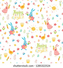 Happy Easter vector seamless pattern. Cute funny animals. Hand drawn flat cartoon elements: easter eggs, cake, flowers, bunny and chickens.Kids illustration. Pencil texture. Hand lettering. 