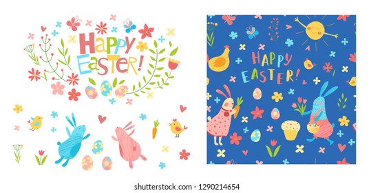 Happy Easter vector seamless pattern. Cute funny animals. Hand drawn set of flat cartoon elements: easter eggs, cake, flowers, bunny and chickens. Kids illustration. Pencil texture. Hand lettering. 