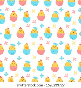 Happy Easter vector seamless pattern. Cute chickens in eggshell, flowers. Hand drawn flat cartoon elements. Kids illustration for fabric, pack, wallpaper. Endless gentle spring background.