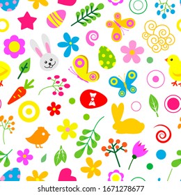 Happy Easter vector seamless pattern. Easter colorful cute birds, bunny, flowers, eggs on white background. Spring christian holiday backdrop for gifts and presents wraping or textile.