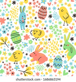 Happy Easter vector seamless pattern. Cute funny animals. Hand drawn flat cartoon elements: easter eggs, flowers, bunny and chickens.