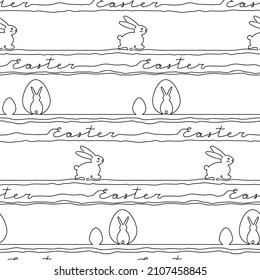 Happy Easter. Vector seamless pattern. Outline bunny background. Line art illustration. Text and rabbit single line.
