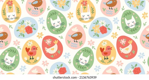 Happy Easter. Vector seamless pattern. Easter eggs with holiday symbols. Design element.