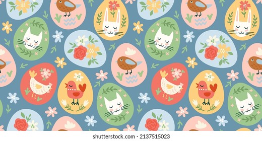 Happy Easter. Vector seamless pattern. Easter eggs with holiday symbols. Design element.