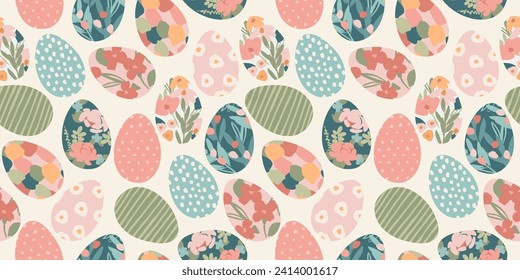 Happy Easter. Vector seamless pattern. Easter eggs with abstract flowers. Design element.