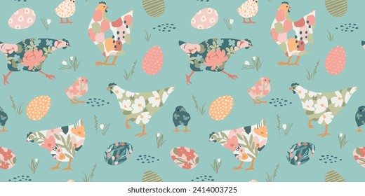 Happy Easter. Vector seamless pattern with abstract chickens. Design element.