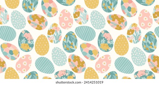 Happy Easter. Vector seamless pattern. Easter eggs with abstract flowers. Design element.