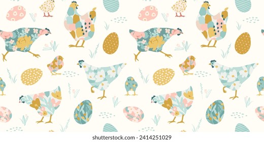 Happy Easter. Vector seamless pattern with abstract chickens. Design element.