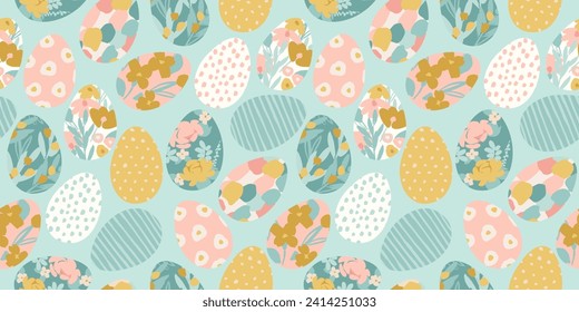 Happy Easter. Vector seamless pattern. Easter eggs with abstract flowers. Design element.