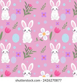 Happy Easter vector seamless pattern with cute rabbits and flowers