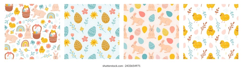 Happy Easter. Vector seamless pattern set. Rabbit, Easter eggs, flowers and chickens