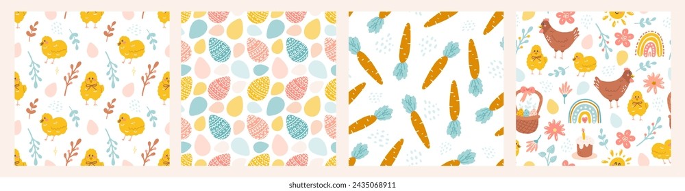 Happy Easter. Vector seamless pattern set. Rabbit, Easter eggs, flowers and chickens