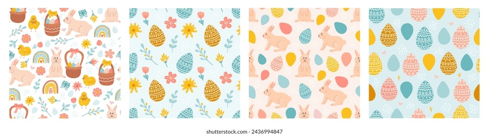 Happy Easter. Vector seamless pattern set. Rabbit, Easter eggs, flowers and chickens