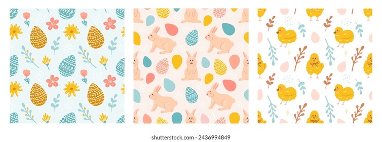 Happy Easter. Vector seamless pattern set. Rabbit, Easter eggs, flowers