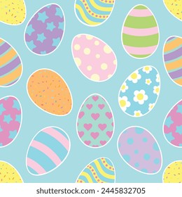 Happy Easter vector seamless pattern with decorated and painted eggs. Flat style design in creative pastel colors