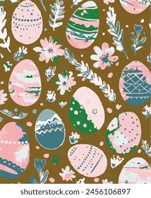 Happy Easter. Vector seamless pattern. Easter eggs with abstract flowers. Design element.