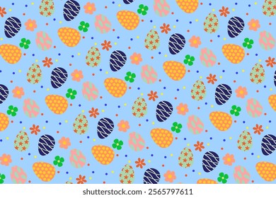 Happy Easter. Vector seamless pattern. Easter eggs with abstract flowers. Design element. cute vector seamless pattern on Easter theme with hand drawn rabbits and colored eggs. pattern Easter egg