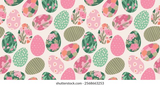 Happy Easter. Vector seamless pattern. Easter eggs with abstract flowers. Design element.