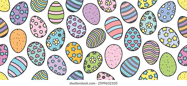 Happy Easter Vector Seamless Pattern or Banner Template. Decorative Easter Eggs with Decorated painted textures and ornaments. Repeatable Endless Outline Colorful  Design in Creative Pastel Colors. 