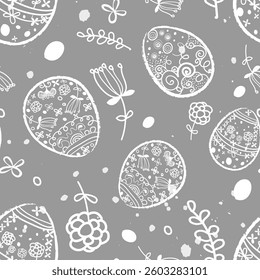 Happy Easter, vector seamless pattern of the decorated modern style cartoon eggs for card, banner, packaging, gift wrap, invitation Patterned eggs with flowers, lines, dots Minimalist design Eps 10