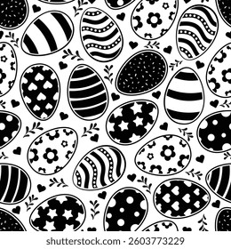 Happy Easter Vector Seamless Pattern. Decorative Easter Eggs Creative Repeatable Texture Design. Decorated and painted eggs texture. Repeatable Endless Flat Style Design in Silhouette Black Color.