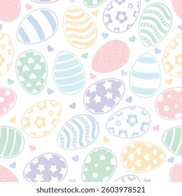 Happy Easter Vector Seamless Pattern or Banner Template. Flat Style Decorative Easter Eggs Plants and Daisy Flowers Texture. Repeatable Endless Outline Colorful  Design in Creative Pastel Colors.