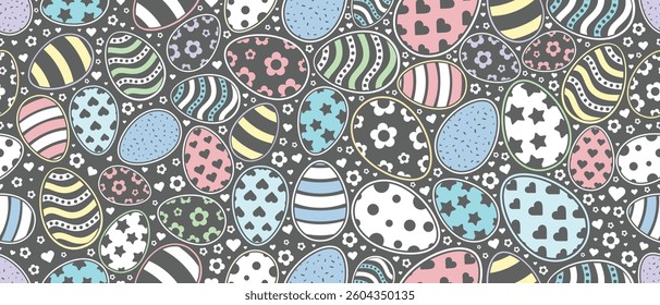 Happy Easter Vector Seamless Pattern or Banner Template. Decorative Easter Eggs Plants and Daisy Flowers Texture. Repeatable Endless Outline Colorful  Design in Creative Pastel Colors. 