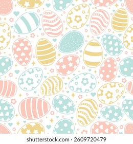 Happy Easter Vector Seamless Pattern. Decorative Easter Eggs Creative Repeatable Texture Design. Decorated and painted eggs texture. Repeatable Endless Flat Style Design in Creative Pastel Colors. 