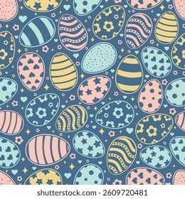 Happy Easter Vector Seamless Pattern. Decorative Easter Eggs Creative Repeatable Texture Design. Decorated and painted eggs texture. Repeatable Endless Flat Style Design in Creative Pastel Colors. 