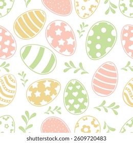 Happy Easter Vector Seamless Pattern. Decorative Easter Eggs Creative Repeatable Texture Design. Decorated and painted eggs texture. Repeatable Endless Flat Style Design in Creative Pastel Colors. 