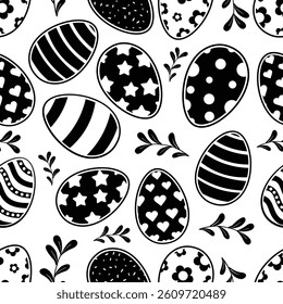 Happy Easter Vector Seamless Pattern. Decorative Easter Eggs Creative Repeatable Texture Design. Decorated and painted eggs texture. Repeatable Endless Flat Style Design in Silhouette Black Color.