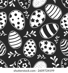 Happy Easter Vector Seamless Pattern. Decorative Easter Eggs Creative Repeatable Texture Design. Decorated and painted eggs texture. Repeatable Endless Flat Style Design in Silhouette Black Color.