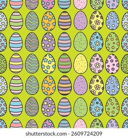 Happy Easter Vector Seamless Pattern or Banner Template. Decorative Easter Eggs Plants and Daisy Flowers Texture. Repeatable Endless Outline Colorful  Design in Creative Pastel Colors.