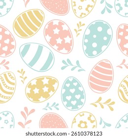 Happy Easter Vector Seamless Pattern. Decorative Easter Eggs Creative Repeatable Texture Design. Decorated and painted eggs texture. Repeatable Endless Flat Style Design in Creative Pastel Colors. 